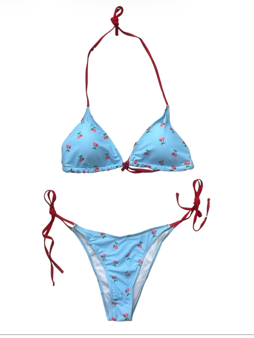 Blue Cherry Print Triangle Bikini Set Hi Cut Swimwear XL